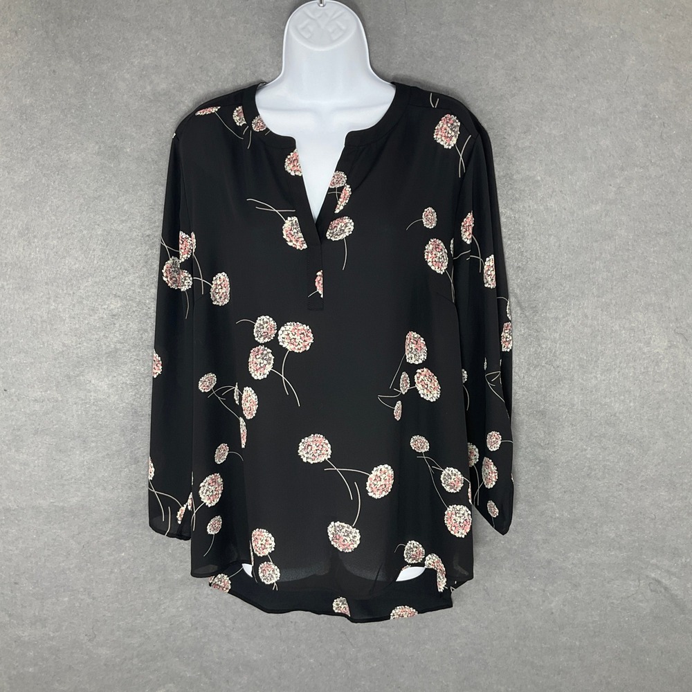 Daniel Rainn Floral Blouse Split Neck 3/4 Sleeve Black‎ Top Sheer Lightweight XL